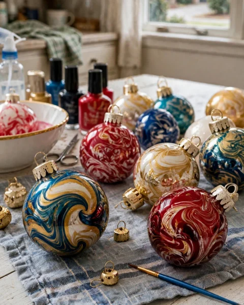 Easy Water-Marbled Christmas Ornaments for Kids