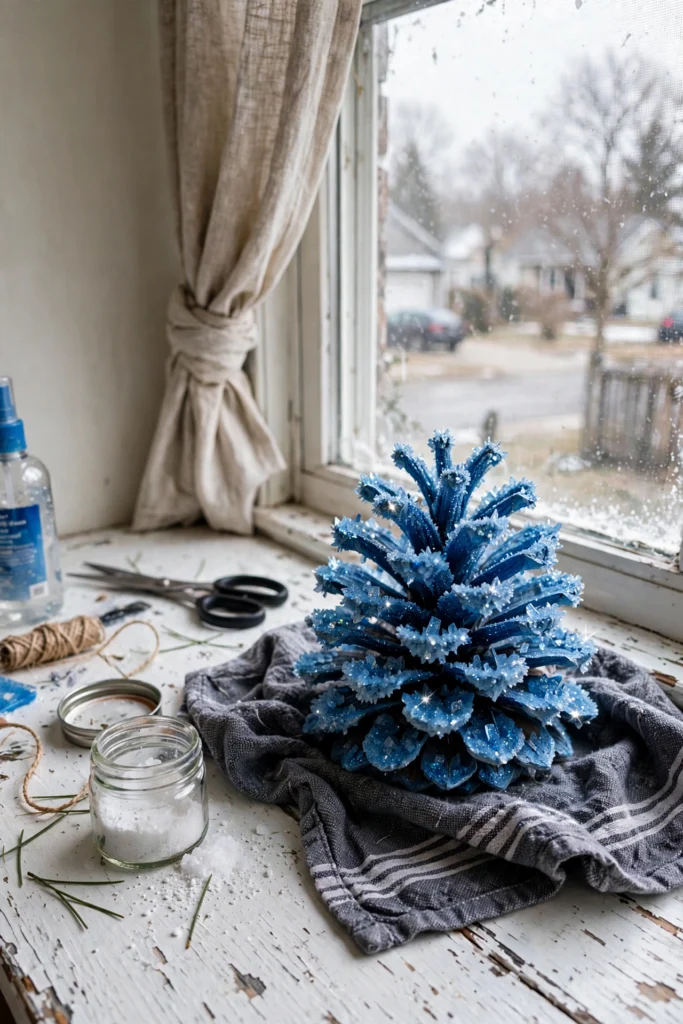 DIY Blue Crystal Pinecone for Cozy Holiday Decor