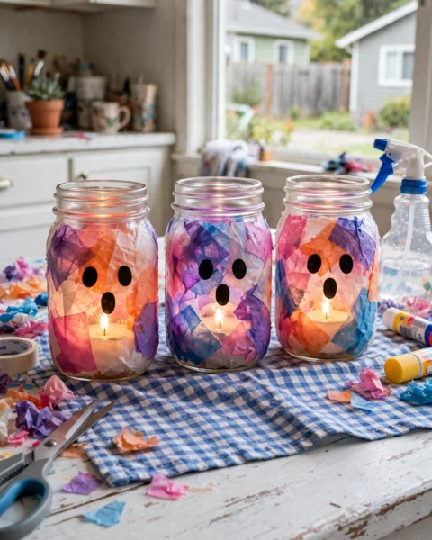 Rainbow Glow Ghost Mason Jar Lanterns: Easy Halloween Craft