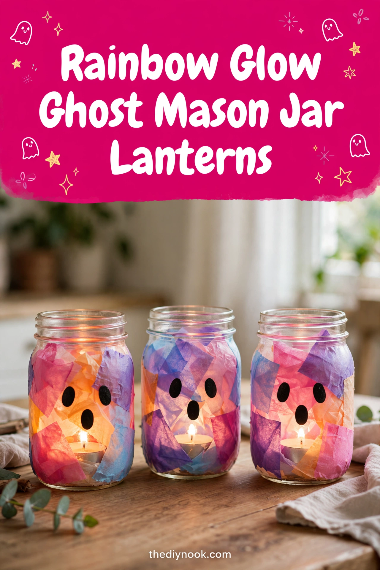 Rainbow Glow Ghost Mason Jar Lanterns: Easy Halloween Craft